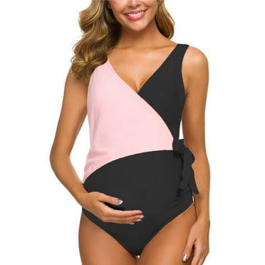 Ecavus Maternity Swimsuit One Piece V Neck Bowknot Swimwear Pink+Black S