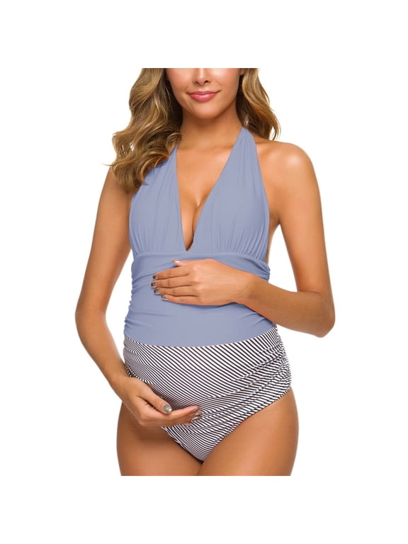 Maternity Swimsuits Halter Deep V One Piece Swimwear Blue/Stripe S