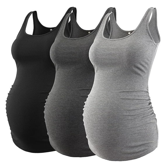 Ecavus Maternity Tank Tops Side Pleats And Ribbed Fabric Sleeveless Mama Pregnancy Clothes 3-Pack Black Gray Dark Gray L