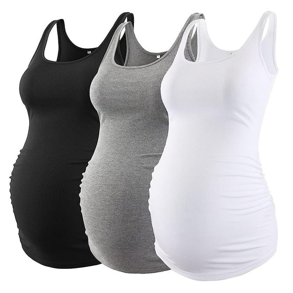 Ecavus Maternity Tank Tops Side Pleats And Ribbed Fabric Sleeveless Mama Pregnancy Clothes 3-Pack Black Gray White L