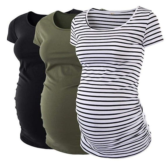 Ecavus Maternity Tops Short Classic Versatile Style Mama Pregnancy Clothes 3-Pack Black Olive-Green Stripe L