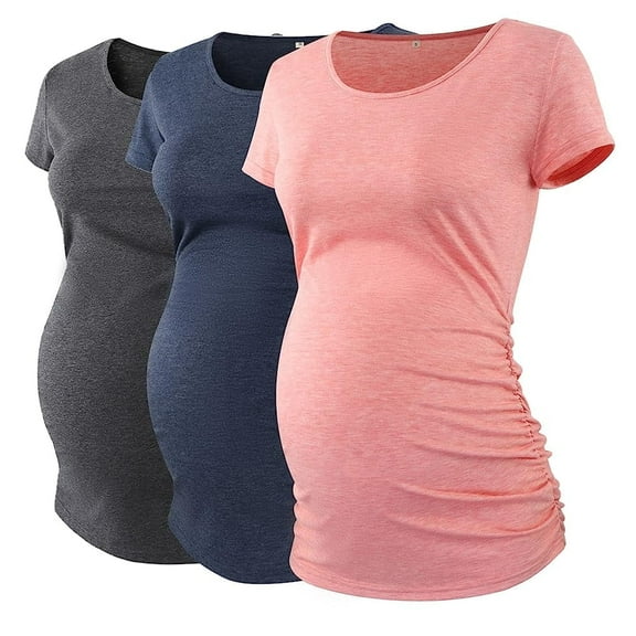 Ecavus Maternity Tops Short Classic Versatile Style Mama Pregnancy Clothes 3-Pack Dark Gray Dark Blue Pink M