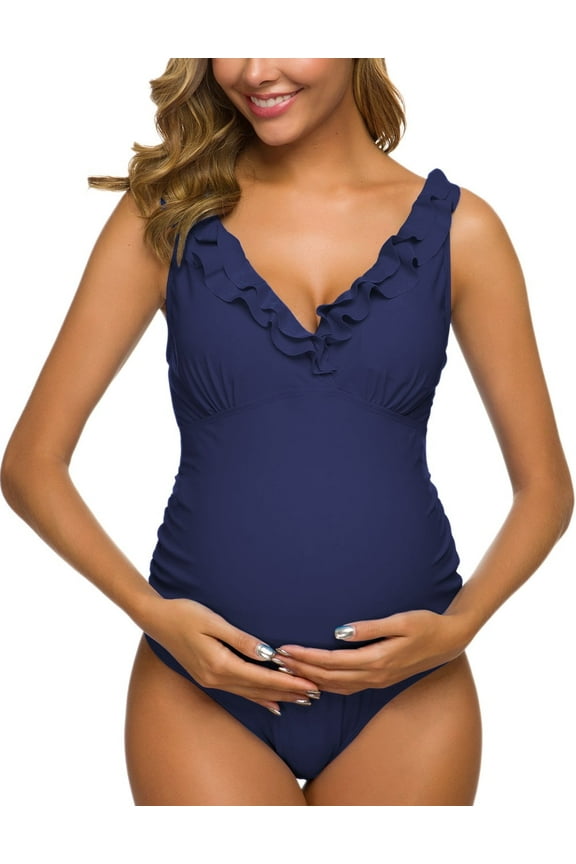 One Piece Maternity Swimsuits Ruffle Flounce Deep V Swimwear Navy L