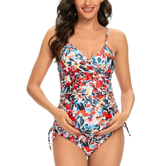 Ecavus Women Two Piece Women's Maternity Swimsuit Retro Plum Wrap Front Tankini Swimwear Beachwear
