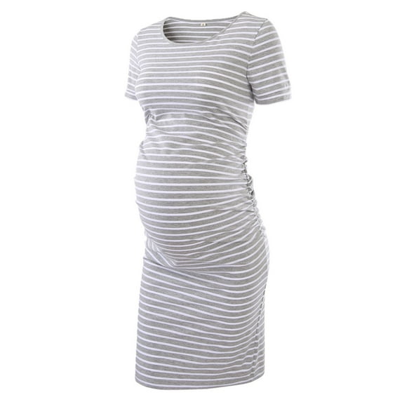 Ecavus Women's Maternity Dress Bodycon Casual Dress Grey White Stripe S
