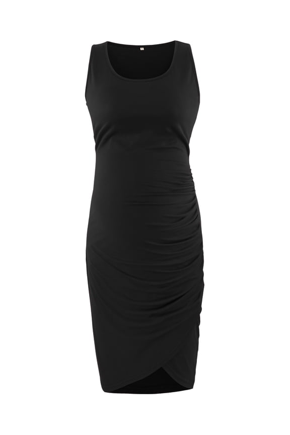 Women's Maternity Dress Sleeveless Wrap Hem Ruched Sheath Dress Black S