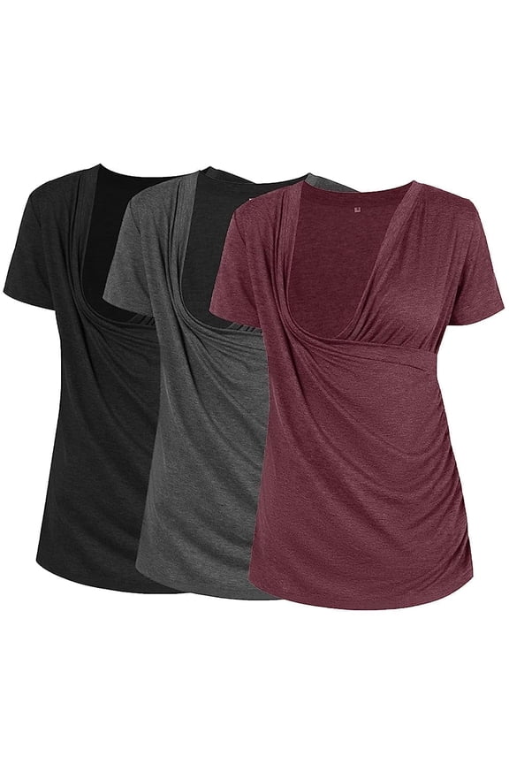Women's Maternity Nursing Tops Short Sleeve V-Neck T-Shirts 3-Pack Black Dark-Grey Claret-Red XL