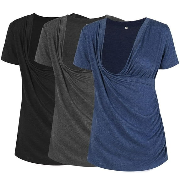 Ecavus Women's Maternity Nursing Tops Short Sleeve V-Neck T-Shirts 3-Pack Black Dark-Grey Dark-Blue S
