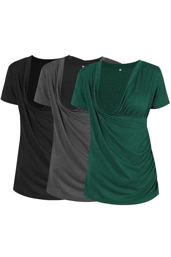 Women's Maternity Nursing Tops Short Sleeve V-Neck T-Shirts 3-Pack Black Dark-Grey Hunterbr S