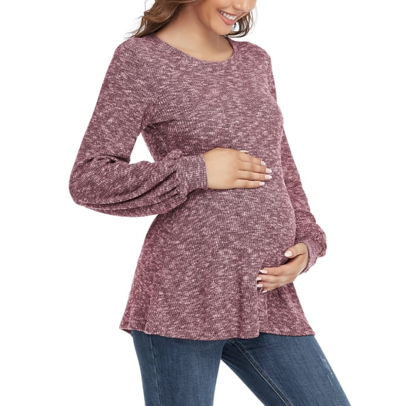 Ecavus Women's Maternity Sweater Bishop Sleeves Tunics Peplum Top WineRed S