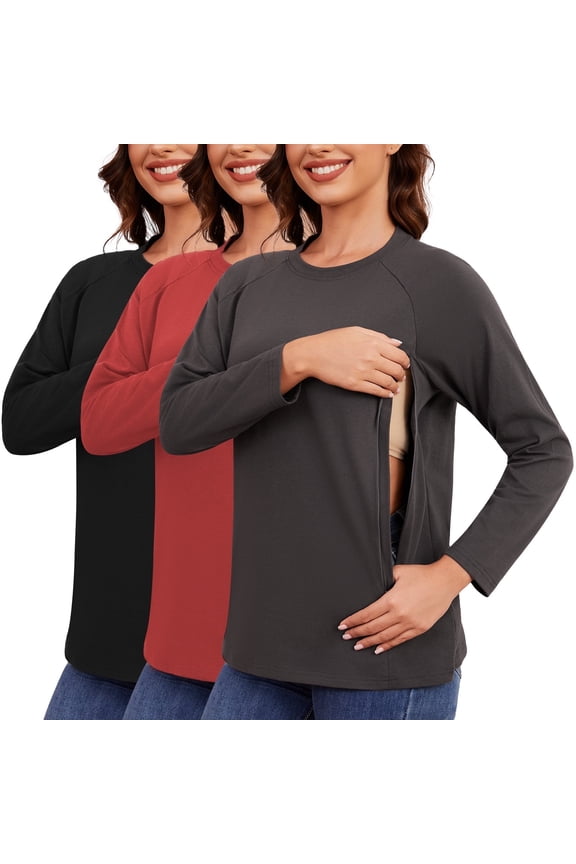 Women's Nursing Tops Long Sleeves Raglan Sleeve Invisible Zipper Concealed Zipper Tops 3-Pack Black Charcoal Red Wood L