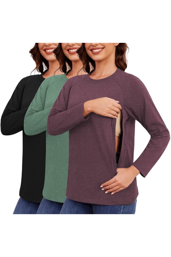 Women's Nursing Tops Long Sleeves Raglan Sleeve Invisible Zipper Concealed Zipper Tops 3-Pack Black Heather Wine Heather Green XL
