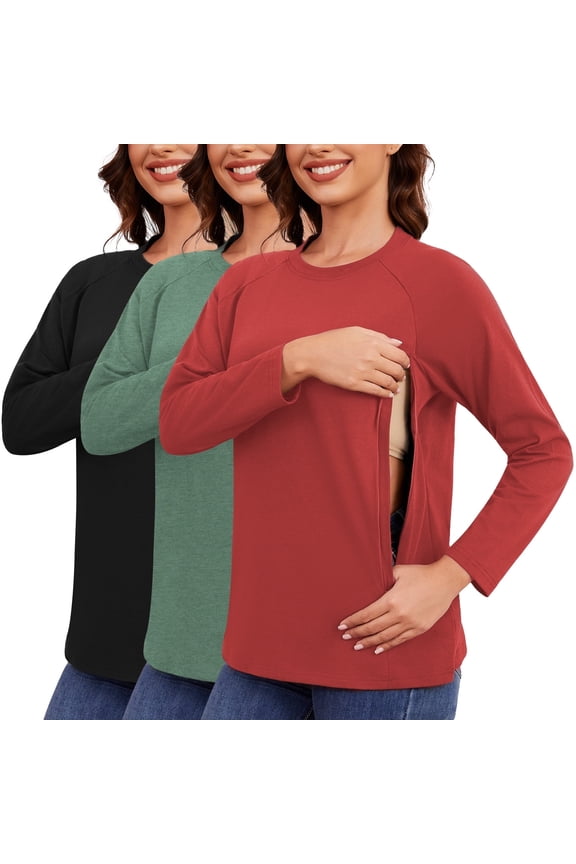 Women's Nursing Tops Long Sleeves Raglan Sleeve Invisible Zipper Concealed Zipper Tops 3-Pack Black Red Wood Heather Green XXL