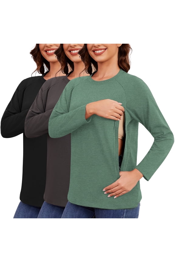 Women's Nursing Tops Long Sleeves Raglan Tops Invisible Zipper Concealed Zipper Tops 3-Pack Black Charcoal Heather Green XL