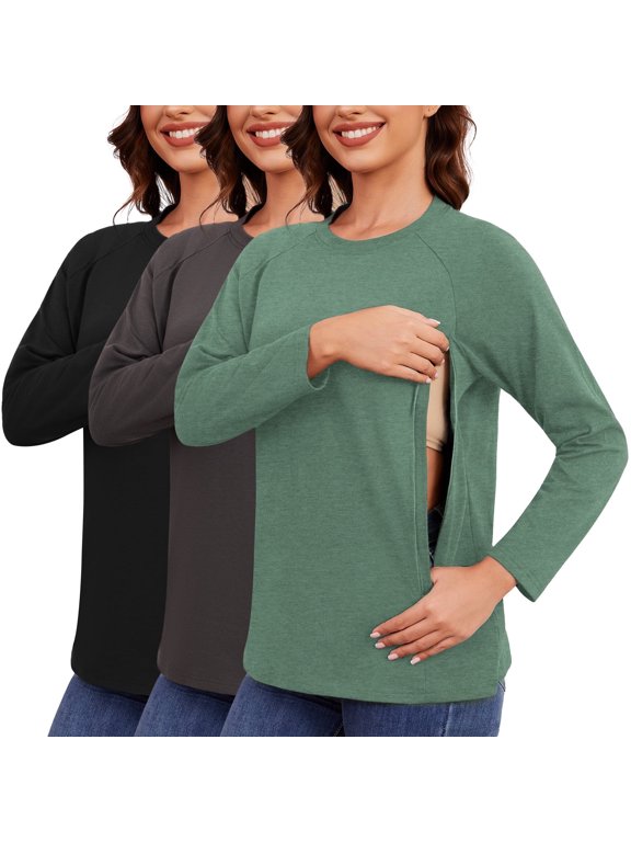 Women's Nursing Tops Long Sleeves Raglan Tops Invisible Zipper Concealed Zipper Tops 3-Pack Black Charcoal Heather Green XL