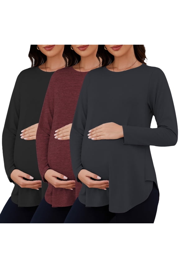 Women's Oversize Maternity Clothes Side Slit Long Sleeves Tops Loose Fit Casual Mama Pregnancy Tops 3-Pack Green Grey Black M