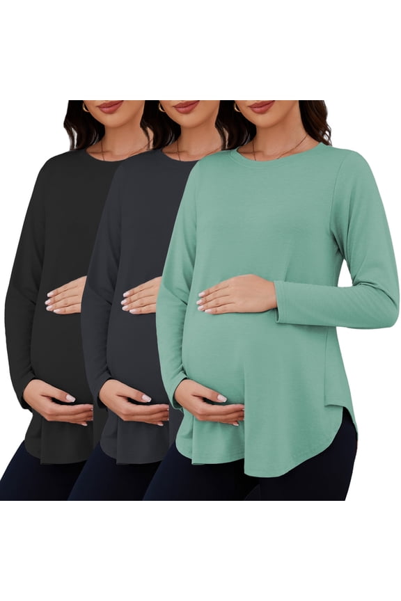 Women's Oversize Maternity Clothes Side Slit Long Sleeves Tops Loose Fit Casual Mama Pregnancy Tops 3-Pack Green Grey Black S