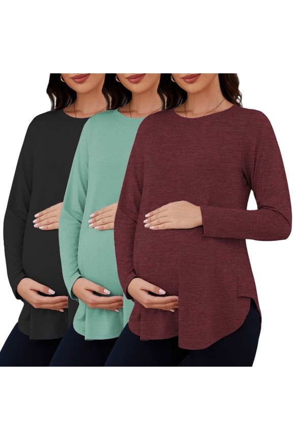 Women's Oversize Maternity Clothes Side Slit Long Sleeves Tops Loose Fit Casual Mama Pregnancy Tops 3-Pack Heather Wine Green Black S