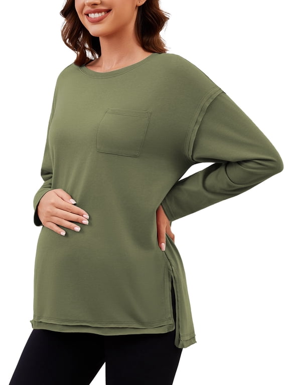 Women's Oversize Maternity Clothes Side Slit Long Sleeves Tops With Pocket Fall Mama Pregnancy Tops Army Green S