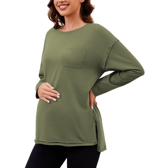 Ecavus Women's Oversize Maternity Clothes Side Slit Long Sleeves Tops With Pocket Fall Mama Pregnancy Tops Army Green XXL