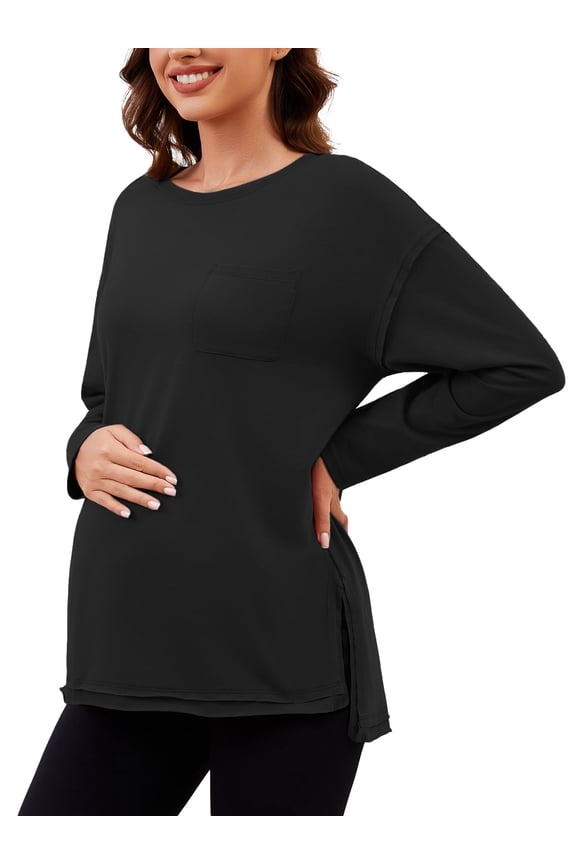 Women's Oversize Maternity Clothes Side Slit Long Sleeves Tops With Pocket Fall Mama Pregnancy Tops Black L