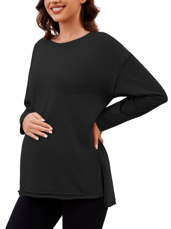 Women's Oversize Maternity Clothes Side Slit Long Sleeves Tops With Pocket Fall Mama Pregnancy Tops Black M