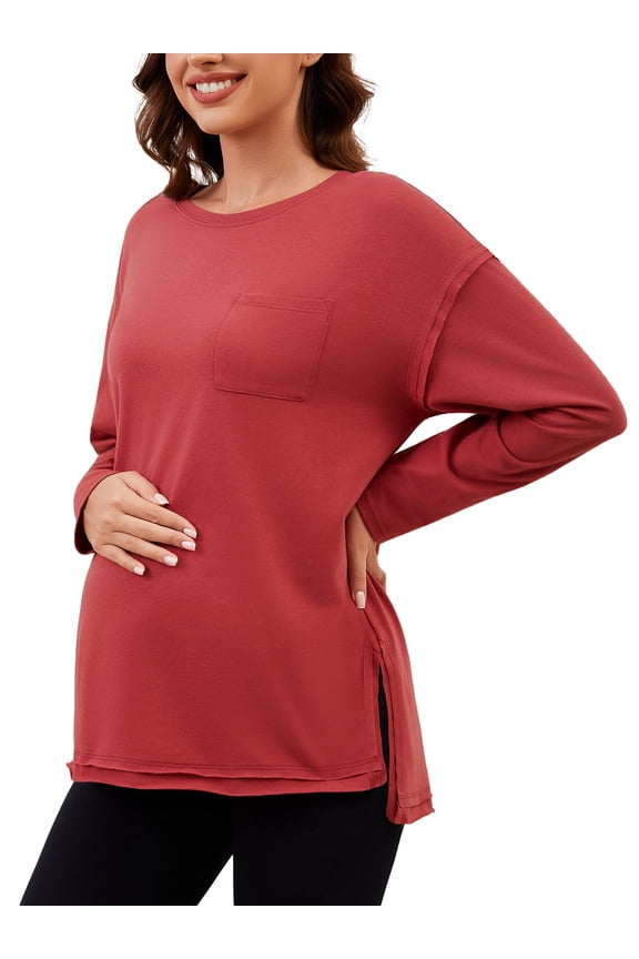 Women's Oversize Maternity Clothes Side Slit Long Sleeves Tops With Pocket Fall Mama Pregnancy Tops Red Wood XL