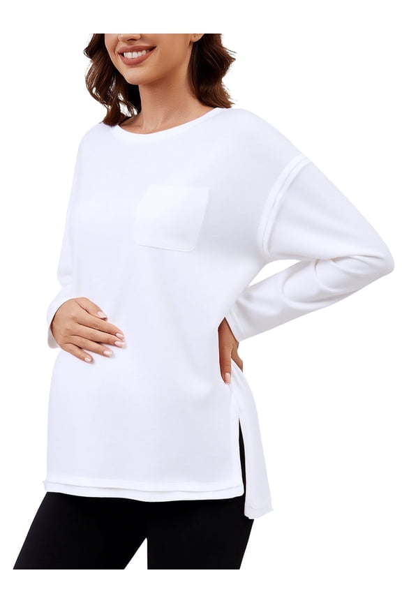 Women's Oversize Maternity Clothes Side Slit Long Sleeves Tops With Pocket Fall Mama Pregnancy Tops White M