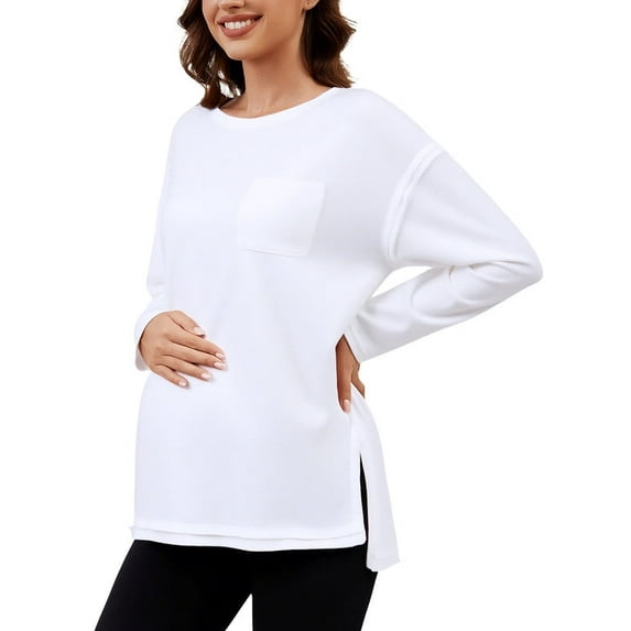 Ecavus Women's Oversize Maternity Clothes Side Slit Long Sleeves Tops With Pocket Fall Mama Pregnancy Tops White S