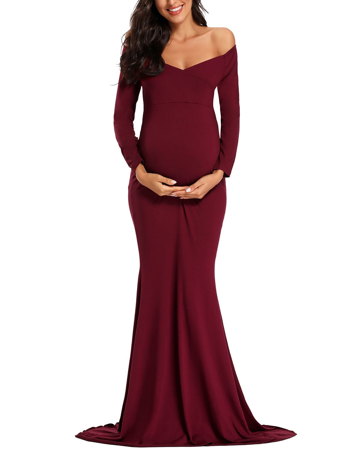 Ecavus Women's off Shoulder Maternity Dress for Photoshoot Burgundy L