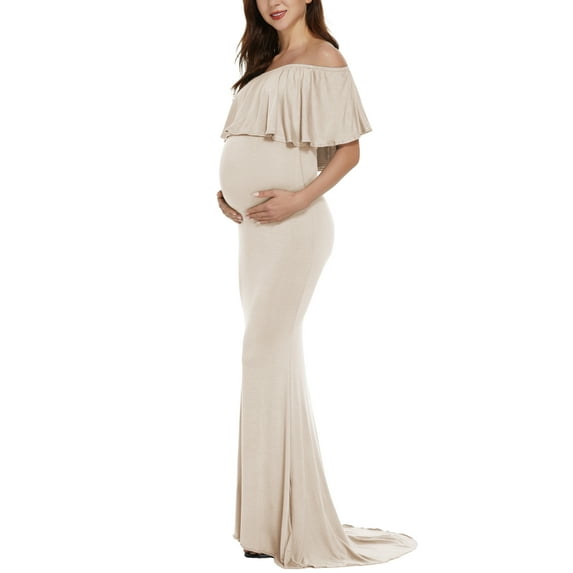 Ecavus Womens Off Shoulder Maternity Dress for Baby Shower Champagne S