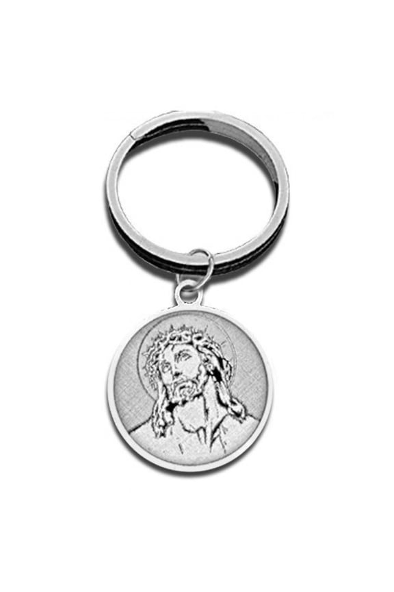 Ecce Homo Jesus Religious Engravable Keychain - 1 1/4 Inch X 1 1/4 Inch Round - Sterling Silver