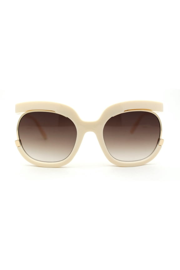 Eccentric Half Rim High Temple Runway Fashion Sunglasses Ivory Brown