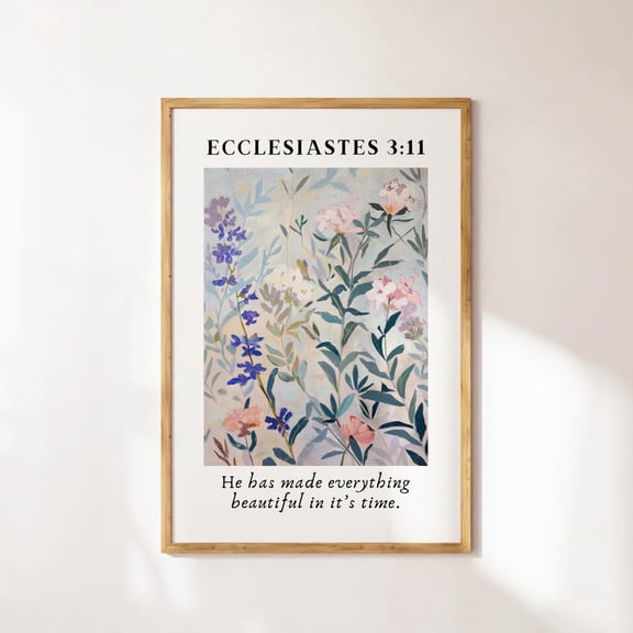 Ecclesiastes 3:11 Flower Pattern Christian Wall Art Purple Dorm Room Prints Floral Wall Art Bible Verse Decor Minimalist Art