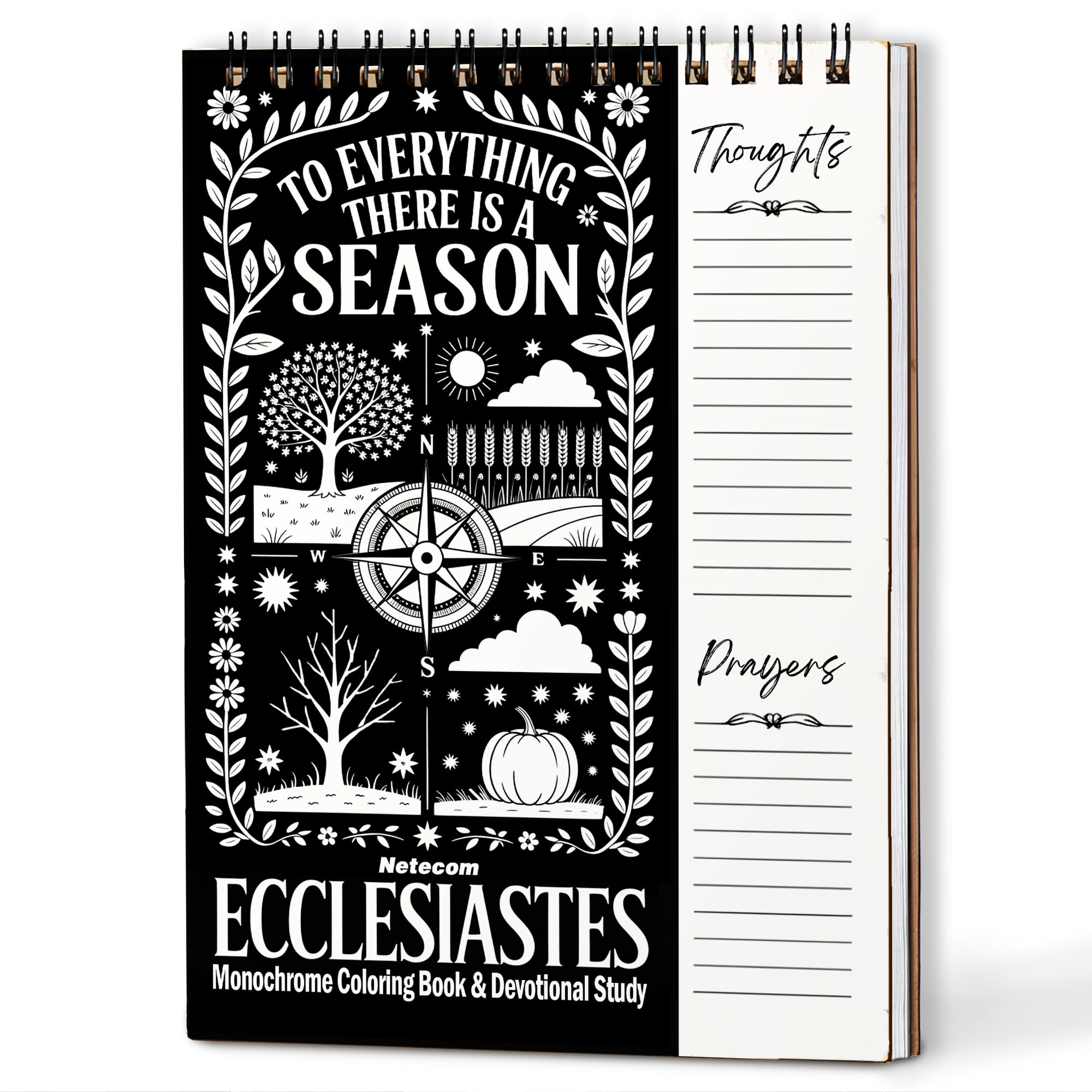Ecclesiastes Monochrome Coloring Book for Adults, 30 Minimalist Scripture Art Pages with Reflection & Prayer Space, Spiral Bound, A4 or A5 Softcover or Wood Cover