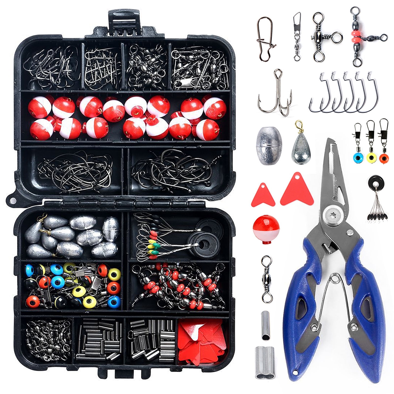 Eccomum 263pcs Fishing Accessories Set with Tackle Box Including Plier Jig Hooks Weight Swivels Snaps Slides