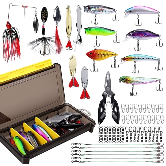 Blusea 72Pcs Fishing Lure Kit with Spinnerbaits, Spoons, Minnows & Hooks, Portable Tackle Box for Saltwater and Freshwater
