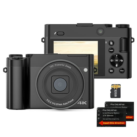 Eccomum 4K Digital Camera with Autofocus Dual Lens Cameras with 32GB Card 64MP Vlogging Camera 16X Digital Zoom Built-in Flash Portable Compact Travel Camera for YouTube