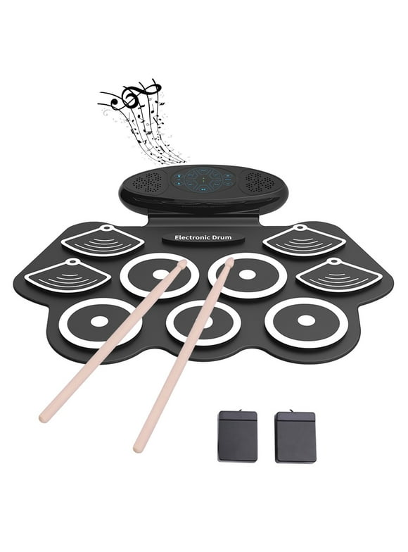 Eccomum 9 Pads Electronic Drum Set, Roll Up MIDI Drum Practice Drum Pad Kit with Dual Built-in Speakers, Drum Sticks and Kick Pedals for Kids, Adults and Beginners