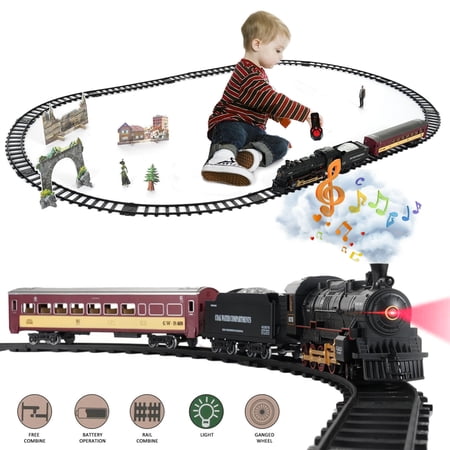 Eccomum Electric Train Set Toy, Remote Control Train with with Steam Locomotive Engine, Cargo Car and Long Track, Rechargeable Train Track With Realistic Smoke, Light and Sounds, Train Toys for Kids