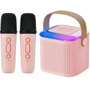 Eccomum Mini Karaoke Machine, Portable Bluetooth Speaker with 2 Wireless Microphones and LED Lights Karaoke Gifts for Adults Kids Birthday Home Party, Pink