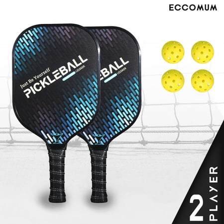 Eccomum Ultralight Pickleball Paddle and Ball Set, Carbon Fiber Surface Pickle Ball Racket 2 Paddles with 4 Balls