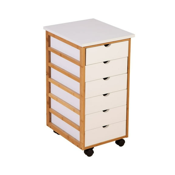 Eccostyle Solid Bamboo Frame 6-Drawer Rolling Cart - White