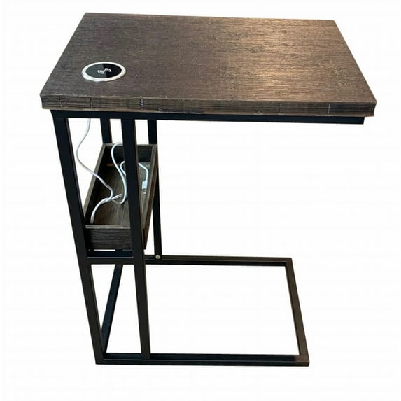 Eccostyle Solid Bamboo Steel Frame C Table with Tray & Wireless USB Charger - Brushed Brown