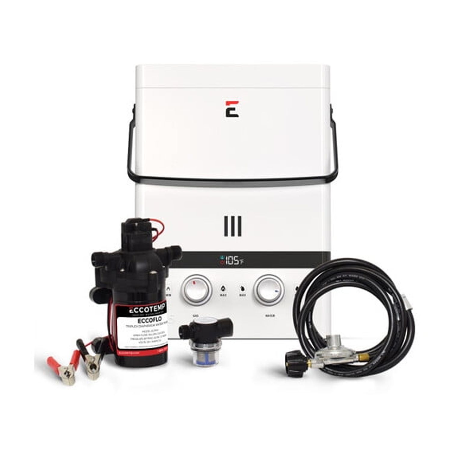 Eccotemp Luxe 1.5 GPM Outdoor Portable Tankless Water Heater w/ EccoFlo Diaphragm 12V Pump and Strainer