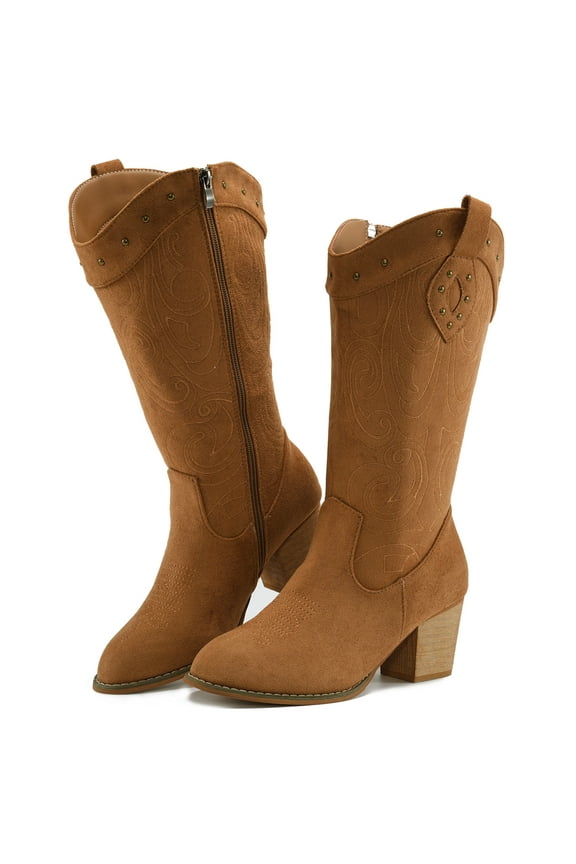 Cowboy Boots For Women Mid Calf Cowgirl Boots Embroidered Western Boots With Chunky Heel
