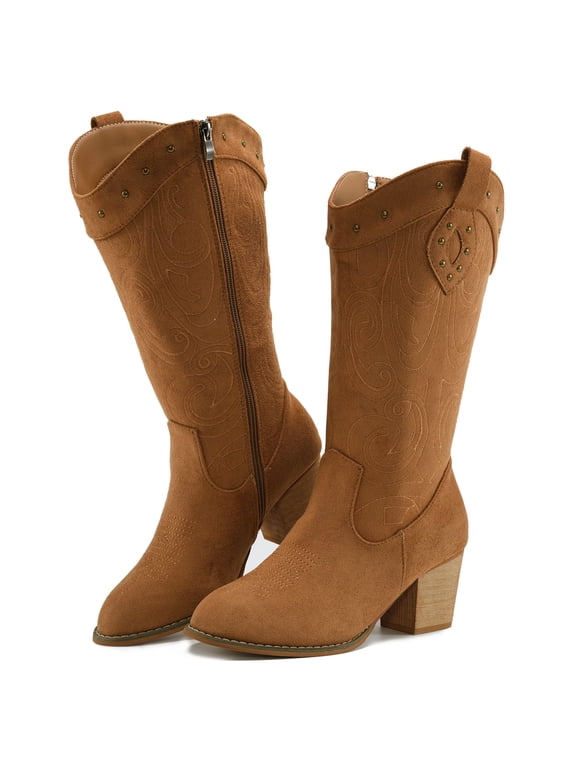 Cowboy Boots For Women Mid Calf Cowgirl Boots Embroidered Western Boots With Chunky Heel