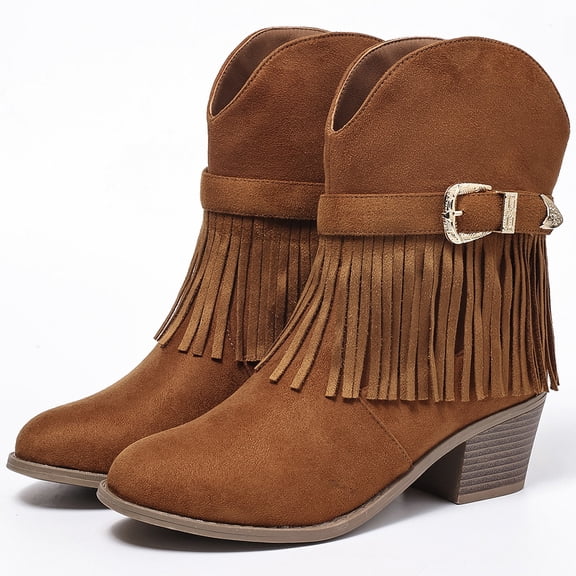 Ecetana Cowboy Boots for Women Mid Calf Cowgirl Boots with Fringe Round Toe Western Boot Chunky Low Heel Shoes