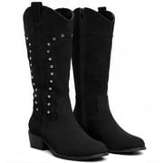 Ecetana Cowboy Boots for Women Western Booties Wide Calf Rivet Chunky Heel Boots