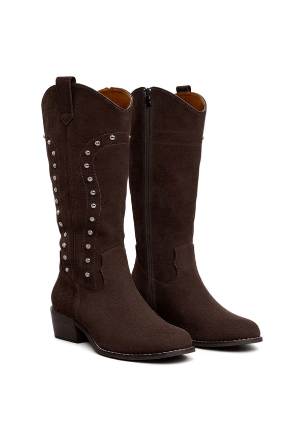 Cowboy Boots for Women Western Booties Wide Calf Rivet Chunky Heel Boots